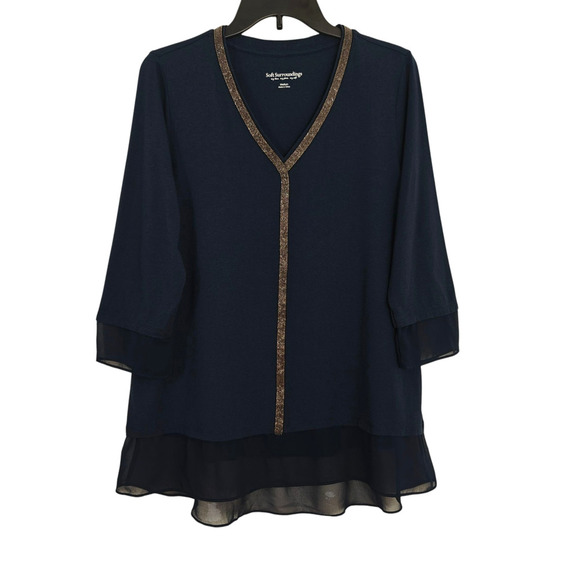 Soft Surroundings Beaded Tunic Top Size Medium Navy Blue Stretch Layered Chiffon - Picture 2 of 8